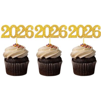 Topfunyy Lot de 24 décorations pour cupcakes pour le Nouvel An, numéro à paillettes dorées 2026, décoration de gâteau pour le Nouvel An, anniversaire, remise de diplôme, fête de mariage, cadeaux d'invités Topfunyy Lot de 24 décorations pour cupcakes pour le Nouvel An, numéro à paillettes dorées 2026, décoration de gâteau pour le Nouvel An, anniversaire, remise de diplôme, fête de mariage, cadeaux d'invités