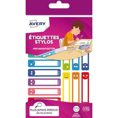 Avery 30 Étiquettes Autocollantes Résistantes pour Crayon de Couleurs, Feutres et Stylo 4 Couleur Format 50 x 10 mm Motifs Smiley Surface Blanche Inscriptible Adhésif Permanent Avery 30 Étiquettes Autocollantes Résistantes pour Crayon de Couleurs, Feutres et Stylo 4 Couleur Format 50 x 10 mm Motifs Smiley Surface Blanche Inscriptible Adhésif Permanent