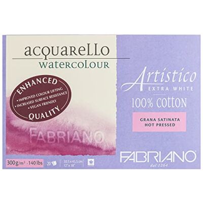 Honsell Fabriano Artistico Acquarello Watercolour, extra blanc, satiné pressé à chaud, 30,5 x 45,5 cm, 20 feuilles 300 g/m², carton aquarelle de qualité supérieure, bloc collé sur 4 faces, végétalien Honsell Fabriano Artistico Acquarello Watercolour, extra blanc, satiné pressé à chaud, 30,5 x 45,5 cm, 20 feuilles 300 g/m², carton aquarelle de qualité supérieure, bloc collé sur 4 faces, végétalien