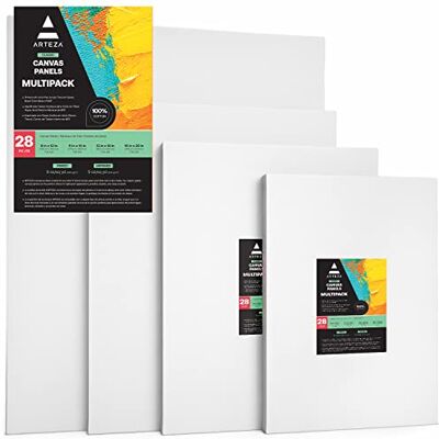 ARTEZA Multi-pack de panneaux de toile , 22,8x30,5, 27,9x35,6, 30,5x40,6, 40,6x50,8cm, set de 28, enduite en blanc, 100% coton avec corps en carton recyclé, pour acrylique, huile, médias humide ou sec ARTEZA Multi-pack de panneaux de toile , 22,8x30,5, 27,9x35,6, 30,5x40,6, 40,6x50,8cm, set de 28, enduite en blanc, 100% coton avec corps en carton recyclé, pour acrylique, huile, médias humide ou sec