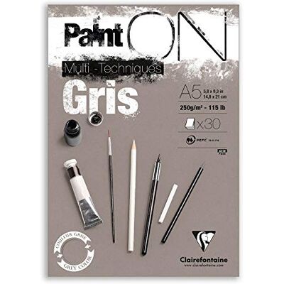Clairefontaine 975808C Bloc Collé PaintON Multi-techniques 30 Feuilles Papier Dessin Multi-techniques au Grain Légèrement Rugueux Gris A5 14,8x21 cm 250g Clairefontaine 975808C Bloc Collé PaintON Multi-techniques 30 Feuilles Papier Dessin Multi-techniques au Grain Légèrement Rugueux Gris A5 14,8x21 cm 250g