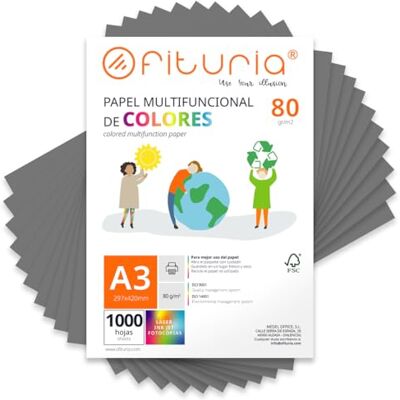 OFITURIA Lot de 1000 feuilles de papier coloré A3 80 g Pour travaux manuels, imprimante, scrapbooking Idéal origami, papyroflexie, bureau et école (gris, 1 000 h) OFITURIA Lot de 1000 feuilles de papier coloré A3 80 g Pour travaux manuels, imprimante, scrapbooking Idéal origami, papyroflexie, bureau et école (gris, 1 000 h)