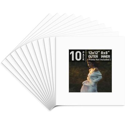 , Lot de 10 passe-partout blanc mat avec noyau blanc biseauté pour photo de 20,3 x 20,3 cm , Lot de 10 passe-partout blanc mat avec noyau blanc biseauté pour photo de 20,3 x 20,3 cm