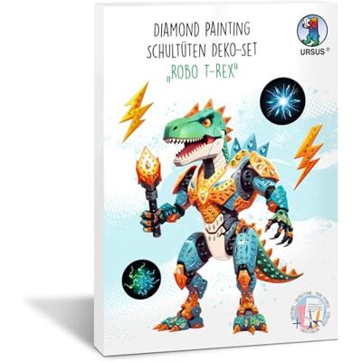 Ursus 10020002F Kit de décoration diamant Robo T-Rex pour sac d'école, 4 feuilles de carton de bricolage, imprimées des deux côtés, prédécoupées, rainurées, avec strass et ruban de satin Ursus 10020002F Kit de décoration diamant Robo T-Rex pour sac d'école, 4 feuilles de carton de bricolage, imprimées des deux côtés, prédécoupées, rainurées, avec strass et ruban de satin
