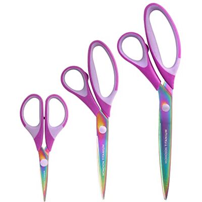 BambooMN Lot de 3 paires de ciseaux en titane Softgrip pour couture, loisirs créatifs, bureau, fil Jubilé, violet BambooMN Lot de 3 paires de ciseaux en titane Softgrip pour couture, loisirs créatifs, bureau, fil Jubilé, violet