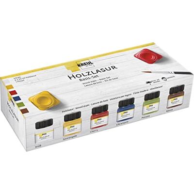 KREUL 78500 Kit de lasure Acrylique pour Bois aux Couleurs intenses, 6 x 20 ML de Peinture en Blanc, Jaune Soleil, Cerise, Outremer, Pistache, Marron et Pinceau pour Bois Naturel Non traité KREUL 78500 Kit de lasure Acrylique pour Bois aux Couleurs intenses, 6 x 20 ML de Peinture en Blanc, Jaune Soleil, Cerise, Outremer, Pistache, Marron et Pinceau pour Bois Naturel Non traité