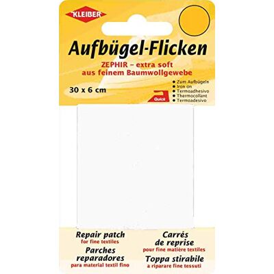 Kleiber 30 x 6 cm Ruban Coton thermocollant réparation très Fin et Souple, Blanc Kleiber 30 x 6 cm Ruban Coton thermocollant réparation très Fin et Souple, Blanc