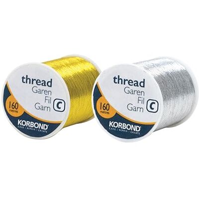 KORBOND Fil à coudre 320 m 2 bobines de 160 m polyester argent & doré couture main et machine KORBOND Fil à coudre 320 m 2 bobines de 160 m polyester argent & doré couture main et machine