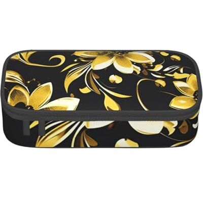 BGSHJVF Trousse à crayons haute capacité en tissu Oxford avec imprimé fleurs noires et dorées pour crayons, stylos, plusieurs compartiments, design élégant BGSHJVF Trousse à crayons haute capacité en tissu Oxford avec imprimé fleurs noires et dorées pour crayons, stylos, plusieurs compartiments, design élégant