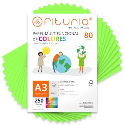 OFITURIA Lot de 250 feuilles de papier coloré A3 80 g Pour travaux manuels, imprimante, scrapbooking Idéal origami, papyroflexie, bureau et école (vert fluo, 250 h) OFITURIA Lot de 250 feuilles de papier coloré A3 80 g Pour travaux manuels, imprimante, scrapbooking Idéal origami, papyroflexie, bureau et école (vert fluo, 250 h)