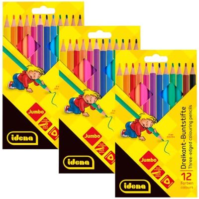 Idena 90273 Lot de 3 paquets de 12 crayons de couleur Jumbo Avec mine de 5 mm d'épaisseur 12 couleurs Sans bois En forme triangulaire ergonomique Emballé dans un étui en carton Idena 90273 Lot de 3 paquets de 12 crayons de couleur Jumbo Avec mine de 5 mm d'épaisseur 12 couleurs Sans bois En forme triangulaire ergonomique Emballé dans un étui en carton