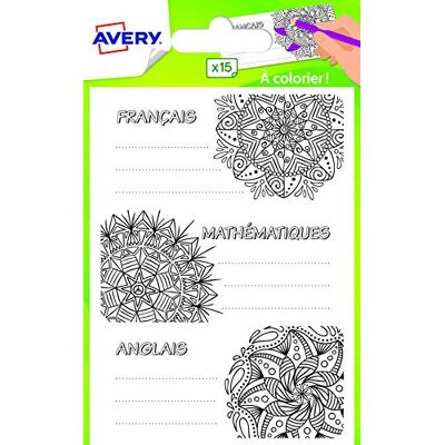 Avery Sachet de 15 étiquettes cahier fantaisies. Matières scolaires pré-imprimées, design coloriage. Format 76 x 34 mm. Multicolore Avery Sachet de 15 étiquettes cahier fantaisies. Matières scolaires pré-imprimées, design coloriage. Format 76 x 34 mm. Multicolore