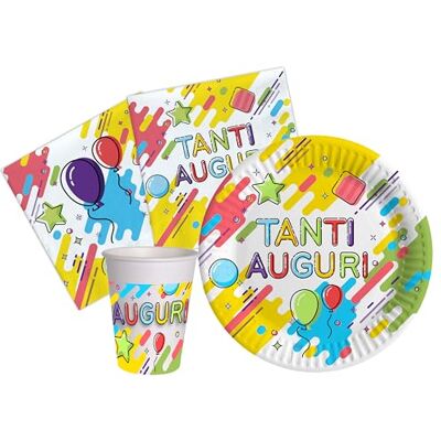 Ciao Kit Vaisselle de Fête Tanti Auguri Fun pour 24 personnes (88 pcs: 24 assiettes Ø23cm, 24 gobelets 250ml, 40 serviettes 33x33cm) en papier compostable eco-friendly Ciao Kit Vaisselle de Fête Tanti Auguri Fun pour 24 personnes (88 pcs: 24 assiettes Ø23cm, 24 gobelets 250ml, 40 serviettes 33x33cm) en papier compostable eco-friendly