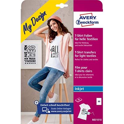 Avery MD1010 Lot de 20 films textiles à personnaliser soi-même pour t-shirt (film à repasser, textiles clairs, format A4, film imprimable pour t-shirt à repasser, film de transfert pour Avery MD1010 Lot de 20 films textiles à personnaliser soi-même pour t-shirt (film à repasser, textiles clairs, format A4, film imprimable pour t-shirt à repasser, film de transfert pour