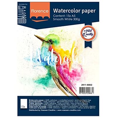 Creative VARTA Florence Lot de 15 feuilles de papier aquarelle A5, blanc, 300 g/m², surface de qualité artistique, pour peinture, lettrage et projets artistiques, lisse 300 g/m² Creative VARTA Florence Lot de 15 feuilles de papier aquarelle A5, blanc, 300 g/m², surface de qualité artistique, pour peinture, lettrage et projets artistiques, lisse 300 g/m²