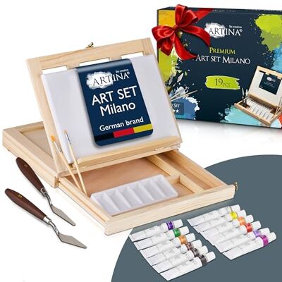 Artina 19pcs Kit Peinture Acrylique avec Coffret en Bois – Coffret Peinture Enfant avec Malette Chevalet Table, Toile, 12x12 ml Couleurs Acryliques, Pinceau – Kit pour Débutants & Artistes – Milano Artina 19pcs Kit Peinture Acrylique avec Coffret en Bois – Coffret Peinture Enfant avec Malette Chevalet Table, Toile, 12x12 ml Couleurs Acryliques, Pinceau – Kit pour Débutants & Artistes – Milano