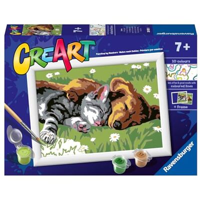 Ravensburger CreArt série E, chien et chat doux sommeil, peinture avec numéros, kit de peinture pour enfants, thème animal, cadre inclus, jeu éducatif, idée cadeau enfants 7 ans, 22 x 16 cm Ravensburger CreArt série E, chien et chat doux sommeil, peinture avec numéros, kit de peinture pour enfants, thème animal, cadre inclus, jeu éducatif, idée cadeau enfants 7 ans, 22 x 16 cm