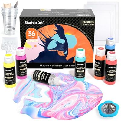 Shuttle Kit Peinture Pouring Acrylique (60ml), 36 Couleurs Acrylique Fluide Pré-Mélangée avec Huile de Silicone, Peinture à Couler pour Toile,Papier,Bois,Roche,Statue Shuttle Kit Peinture Pouring Acrylique (60ml), 36 Couleurs Acrylique Fluide Pré-Mélangée avec Huile de Silicone, Peinture à Couler pour Toile,Papier,Bois,Roche,Statue