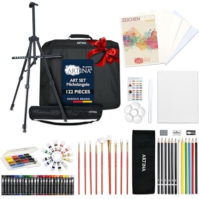 Artina XXL 122 pcs Kit Peinture Acrylique avec Chevalet Aluminium, Toile, Aquarelle, Pastels, Crayons & Pinceaux – Coffret Set Peinture Enfant pour Adultes & Débutants – Michelangelo Artina XXL 122 pcs Kit Peinture Acrylique avec Chevalet Aluminium, Toile, Aquarelle, Pastels, Crayons & Pinceaux – Coffret Set Peinture Enfant pour Adultes & Débutants – Michelangelo
