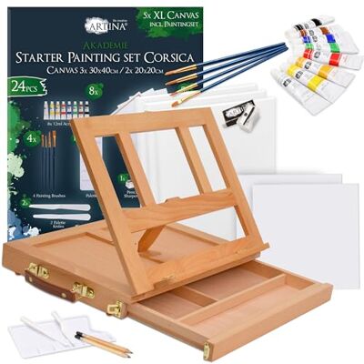 Artina kit peinture acrylique 25pcs chevalet de table hêtre Colmar tiroir Set 5 châssis 8 peintures acryliques pinceaux palette avec tiroir rangement outils mallette bois coffret Corsica Artina kit peinture acrylique 25pcs chevalet de table hêtre Colmar tiroir Set 5 châssis 8 peintures acryliques pinceaux palette avec tiroir rangement outils mallette bois coffret Corsica