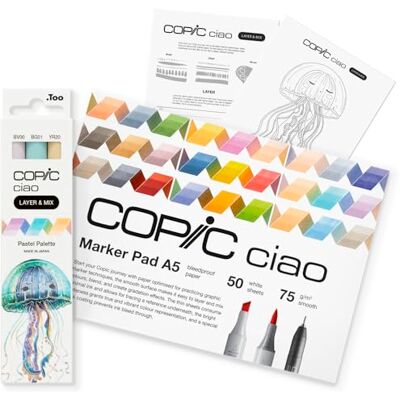 Copic Ciao LAYER & MIX Kit de démarrage Pastel, lot de 3 marqueurs de couleurs différentes, papier marqueur et modèle de dessin à tracer, avec feuille d'exercices pour apprendre à connaître Copic Ciao LAYER & MIX Kit de démarrage Pastel, lot de 3 marqueurs de couleurs différentes, papier marqueur et modèle de dessin à tracer, avec feuille d'exercices pour apprendre à connaître
