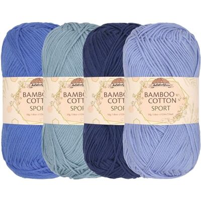BambooMN JubileeYarn Bamboo Cotton Sport Fil en coton et bambou, 50 g/écheveau, tons de bleu, 4 écheveaux BambooMN JubileeYarn Bamboo Cotton Sport Fil en coton et bambou, 50 g/écheveau, tons de bleu, 4 écheveaux