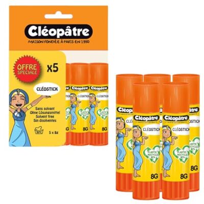 Cléopâtre -BL5BA8-CléoStick-Blister Colle Transparente de 8 g, Lot de 5 bâtons de 8g. Cléopâtre -BL5BA8-CléoStick-Blister Colle Transparente de 8 g, Lot de 5 bâtons de 8g.