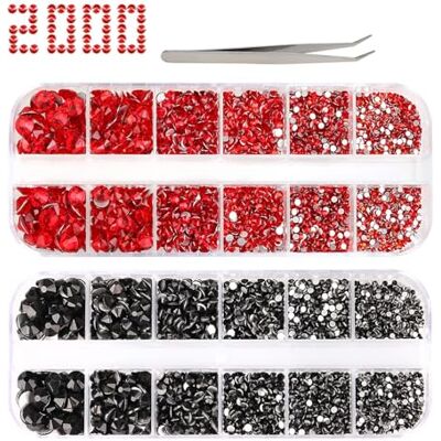 PHOGARY Strass pour loisirs créatifs, dos plat, 6 tailles (2 à 5 mm) avec pince à épiler pour travaux manuels, nail art, vêtements, chaussures, sacs, étuis de téléphone, bricolage (rouge et noir) PHOGARY Strass pour loisirs créatifs, dos plat, 6 tailles (2 à 5 mm) avec pince à épiler pour travaux manuels, nail art, vêtements, chaussures, sacs, étuis de téléphone, bricolage (rouge et noir)