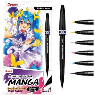 Pentel Pochette Manga Fantasy, 6 Feutres pinceau + 1 gobelet pliable Pentel Pochette Manga Fantasy, 6 Feutres pinceau + 1 gobelet pliable
