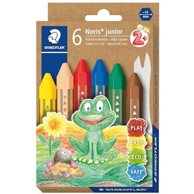 Staedtler Noris Junior, Crayons à la cire gros module, Spécialement conçus pour les enfants, Étui carton recyclé avec 6 crayons assortis et 1 grattoir, 224 C6, Coloris Assortis Staedtler Noris Junior, Crayons à la cire gros module, Spécialement conçus pour les enfants, Étui carton recyclé avec 6 crayons assortis et 1 grattoir, 224 C6, Coloris Assortis