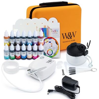 Watson & Webb Kit de décoration de gâteaux à l’aérographe avec 13 couleurs, pochoir, solution de nettoyage aérographe et pot, brosses de nettoyage, roue des couleurs Watson & Webb Kit de décoration de gâteaux à l’aérographe avec 13 couleurs, pochoir, solution de nettoyage aérographe et pot, brosses de nettoyage, roue des couleurs
