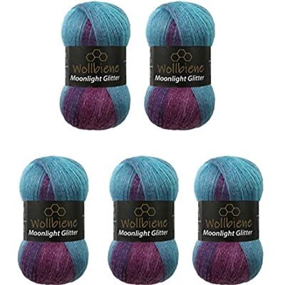 Wollbiene Moonlight Glitter Batik Simli 5 x 100 g de laine à tricoter, 500 g au total, 20% laine, métallisée, turque en dégradé de couleurs, à paillettes (5960 baie, violet, turquoise) Wollbiene Moonlight Glitter Batik Simli 5 x 100 g de laine à tricoter, 500 g au total, 20% laine, métallisée, turque en dégradé de couleurs, à paillettes (5960 baie, violet, turquoise)