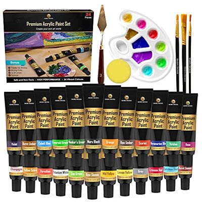 Desire Deluxe Kit de peinture acrylique pour artiste – Kit de 30 pièces pour roche, bois, céramique, toile, papier et tissu – Comprend un couteau à mélanger, une éponge, une palette et 3 tailles de Desire Deluxe Kit de peinture acrylique pour artiste – Kit de 30 pièces pour roche, bois, céramique, toile, papier et tissu – Comprend un couteau à mélanger, une éponge, une palette et 3 tailles de
