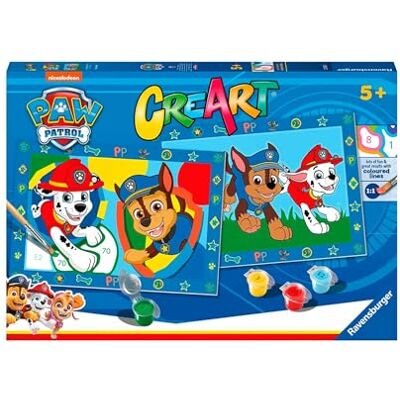 Ravensburger CreArt Série Junior, Paw Patrol, Kit de peinture avec numéros, contient 2 planches pré-imprimées, pinceau, couleurs, jeu créatif pour hommes et femmes à partir de 5 ans Ravensburger CreArt Série Junior, Paw Patrol, Kit de peinture avec numéros, contient 2 planches pré-imprimées, pinceau, couleurs, jeu créatif pour hommes et femmes à partir de 5 ans