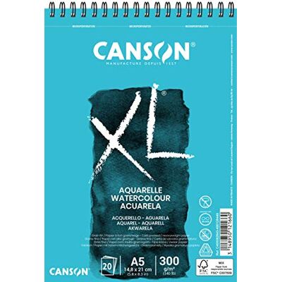 Canson XL Aquarelle Album spiralé 20 feuilles A5 300g/m² Blanc Tampon en spirale pressé à froid, pour artistes professionnels et étudiants Canson XL Aquarelle Album spiralé 20 feuilles A5 300g/m² Blanc Tampon en spirale pressé à froid, pour artistes professionnels et étudiants