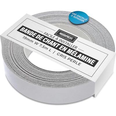 WoodPress ® Bordure en mélamine gris nacré de 19 mm, rouleau de 7,5 m – À repasser pour une application facile à faire soi-même – Couvre le bord d'un panneau MDF standard WoodPress ® Bordure en mélamine gris nacré de 19 mm, rouleau de 7,5 m – À repasser pour une application facile à faire soi-même – Couvre le bord d'un panneau MDF standard