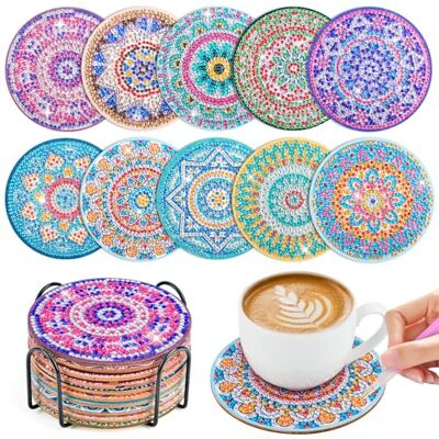 WuGU Lot de 10 sous-verres de peinture diamant avec support, dessous de verre réutilisables, kits de peinture diamant, motif mandala DIY pour débutants, adultes et enfants, décoration de cuisine et salon WuGU Lot de 10 sous-verres de peinture diamant avec support, dessous de verre réutilisables, kits de peinture diamant, motif mandala DIY pour débutants, adultes et enfants, décoration de cuisine et salon