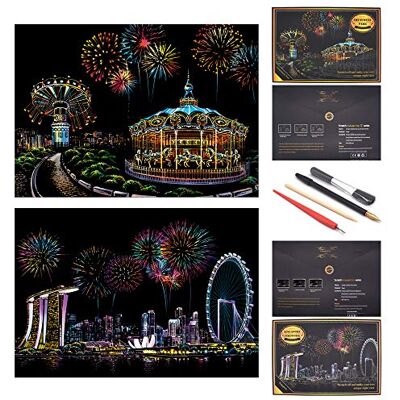 SiYear Scratch Paper Rainbow Painting Sketch, Scène de Nuit de la série City, Cadeau créatif pour Peinture à gratter, Tablettes à Verso pour Adultes et Enfants, avec 4 Outils (2PACK) SiYear Scratch Paper Rainbow Painting Sketch, Scène de Nuit de la série City, Cadeau créatif pour Peinture à gratter, Tablettes à Verso pour Adultes et Enfants, avec 4 Outils (2PACK)