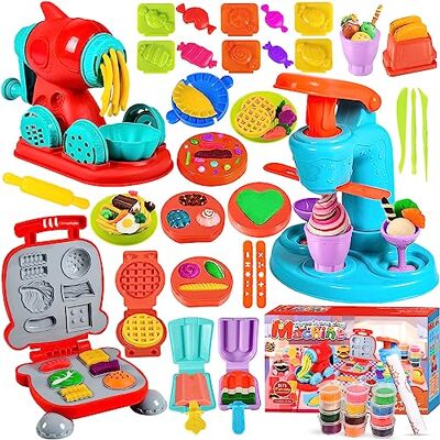MUOIVG 51 pièces Pâte À Modeler pour Enfants, Accessoires pour Créer des Hamburgers et des Pizza, Outils de Pâte À Modeler, avec 12 Pots MUOIVG 51 pièces Pâte À Modeler pour Enfants, Accessoires pour Créer des Hamburgers et des Pizza, Outils de Pâte À Modeler, avec 12 Pots