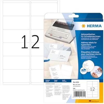HERMA 4432 Lot de 240 étiquettes d'adresse sur feuilles A4, 94 x 47 mm (Blanc) HERMA 4432 Lot de 240 étiquettes d'adresse sur feuilles A4, 94 x 47 mm (Blanc)