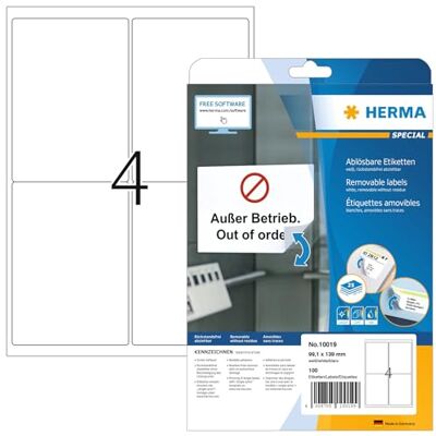 HERMA 10019 Étiquettes movables/amovibles 99,1 x 139 A4 100 pièces Blanc HERMA 10019 Étiquettes movables/amovibles 99,1 x 139 A4 100 pièces Blanc