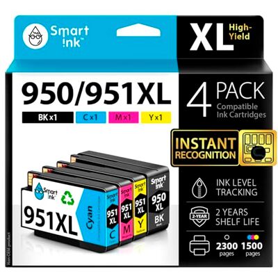 Smart Ink Compatible Remplacement des Cartouches d'encre pour HP 950XL 951XL 950 XL 951 XL High Yield 4 Pack (Black & C/M/Y) pour HP Officejet 8100 8600 8610 8620 8630 8640 8660 8615 8625 251DW 276DW Smart Ink Compatible Remplacement des Cartouches d'encre pour HP 950XL 951XL 950 XL 951 XL High Yield 4 Pack (Black & C/M/Y) pour HP Officejet 8100 8600 8610 8620 8630 8640 8660 8615 8625 251DW 276DW
