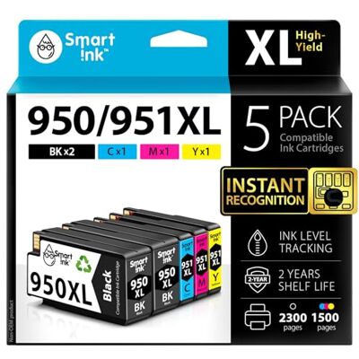 Smart Ink Compatible Remplacement des Cartouches d'encre pour HP 950XL 951XL 950 XL 951 XL High Yield 5 Pack (2BK & C/M/Y) pour HP Officejet 8100 8600 8610 8620 8630 8640 8660 8615 8625 251DW 276DW Smart Ink Compatible Remplacement des Cartouches d'encre pour HP 950XL 951XL 950 XL 951 XL High Yield 5 Pack (2BK & C/M/Y) pour HP Officejet 8100 8600 8610 8620 8630 8640 8660 8615 8625 251DW 276DW