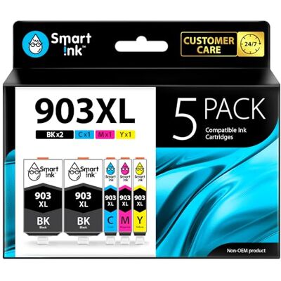 Smart Ink Cartouche d’Encre Compatible pour HP 903 XL 903XL 5 Pack (2 Noir XL & Cyan Magenta Jaune) avec Système de Puce Avancée pour Officejet 6950 All-in-One Officejet Pro 6960 6970 All-in-One Smart Ink Cartouche d’Encre Compatible pour HP 903 XL 903XL 5 Pack (2 Noir XL & Cyan Magenta Jaune) avec Système de Puce Avancée pour Officejet 6950 All-in-One Officejet Pro 6960 6970 All-in-One