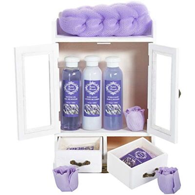 BRUBAKER Cosmetics Coffret de bain Lavande 10 Pièces Armoire en Bois/Blanc vintage Idée cadeau BRUBAKER Cosmetics Coffret de bain Lavande 10 Pièces Armoire en Bois/Blanc vintage Idée cadeau