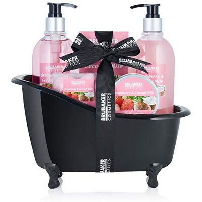BRUBAKER Cosmetics Coffret de bain Fraise/Noix de coco 9 Pièces Baignoire décorative Noir/Rose Idée cadeau BRUBAKER Cosmetics Coffret de bain Fraise/Noix de coco 9 Pièces Baignoire décorative Noir/Rose Idée cadeau