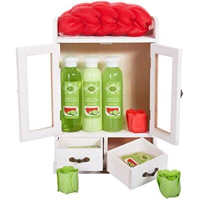 BRUBAKER Cosmetics Coffret de bain Pastèque & Concombre 10 Pièces Armoire en Bois/Blanc vintage Idée cadeau BRUBAKER Cosmetics Coffret de bain Pastèque & Concombre 10 Pièces Armoire en Bois/Blanc vintage Idée cadeau