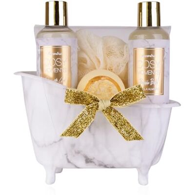 accentra COSY MOMENTS Kit de bain et de douche doré – Cadeau de détente pour femme pour un anniversaire ou Noël – Kit cadeau de bien-être et d'entretien 4 pièces avec mini baignoire décorative accentra COSY MOMENTS Kit de bain et de douche doré – Cadeau de détente pour femme pour un anniversaire ou Noël – Kit cadeau de bien-être et d'entretien 4 pièces avec mini baignoire décorative