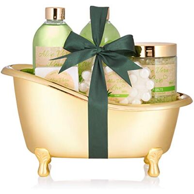 BRUBAKER Cosmetics Coffret de bain Aloe vera 6 Pièces Baignoire décorative Doré/Vert Idée cadeau BRUBAKER Cosmetics Coffret de bain Aloe vera 6 Pièces Baignoire décorative Doré/Vert Idée cadeau