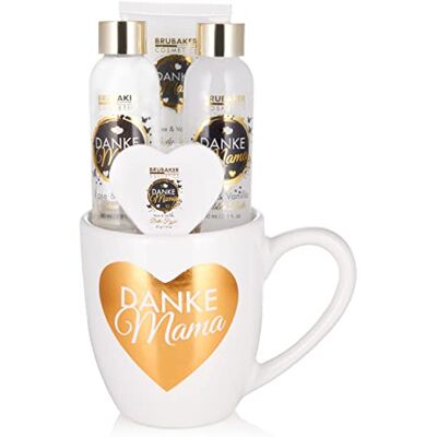 BRUBAKER Cosmetics Danke Mama Ensemble de douche et de bain 5 pièces avec parfum rose et vanille Coffret cadeau pour mère dans une tasse à café avec décor cœur Blanc doré BRUBAKER Cosmetics Danke Mama Ensemble de douche et de bain 5 pièces avec parfum rose et vanille Coffret cadeau pour mère dans une tasse à café avec décor cœur Blanc doré